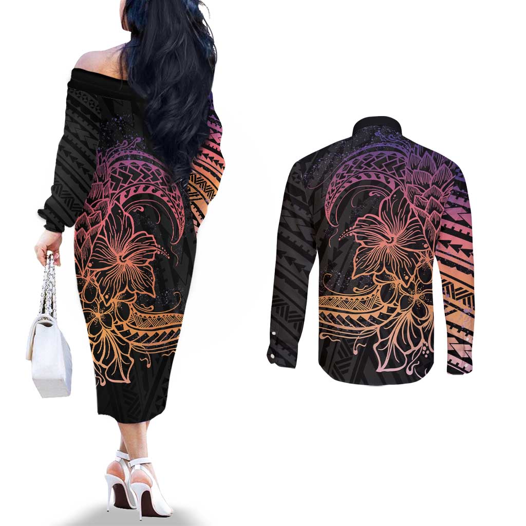 Floral Polynesian Hibiscus Tattoo Couples Matching Off The Shoulder Long Sleeve Dress and Long Sleeve Button Shirt Peach Gradient Style