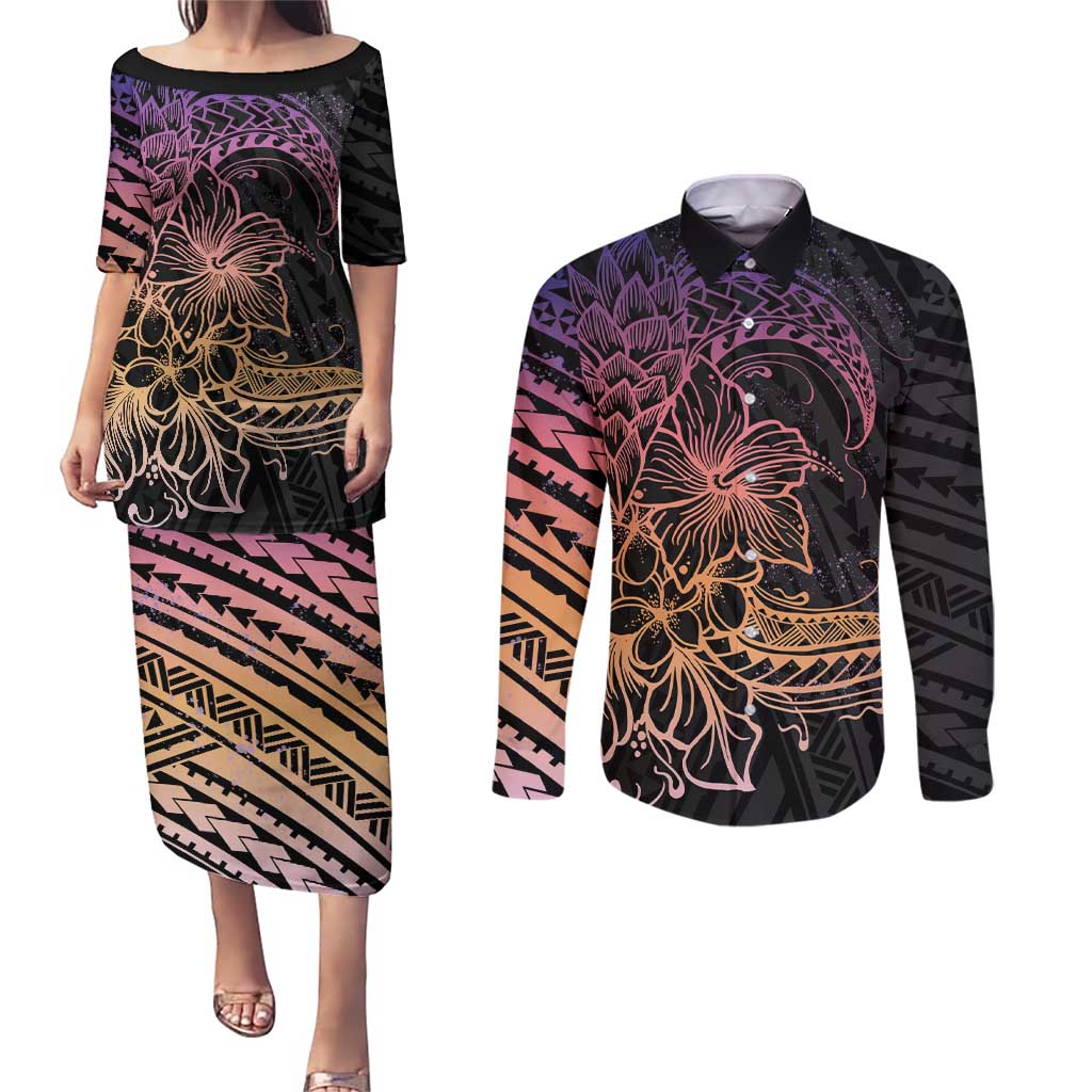 Floral Polynesian Hibiscus Tattoo Couples Matching Puletasi and Long Sleeve Button Shirt Peach Gradient Style