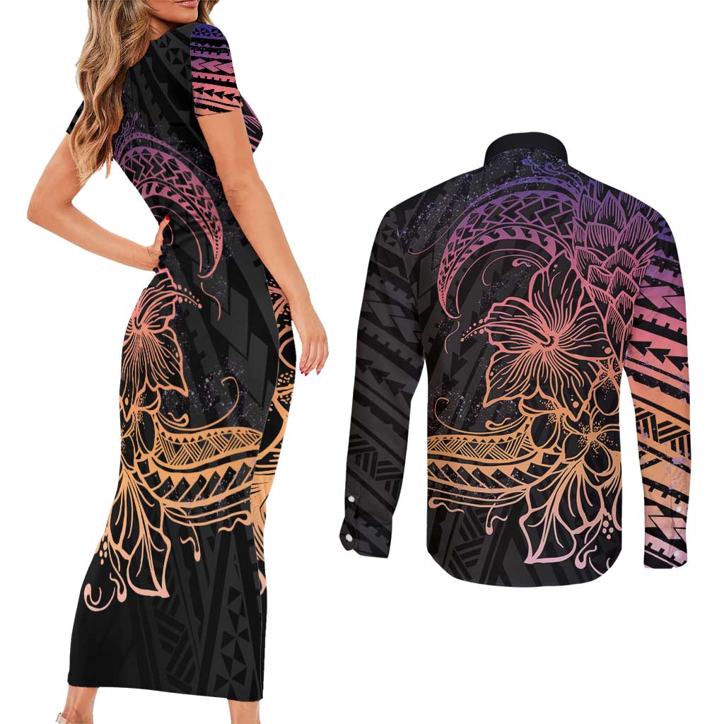 Floral Polynesian Hibiscus Tattoo Couples Matching Short Sleeve Bodycon Dress and Long Sleeve Button Shirt Peach Gradient Style