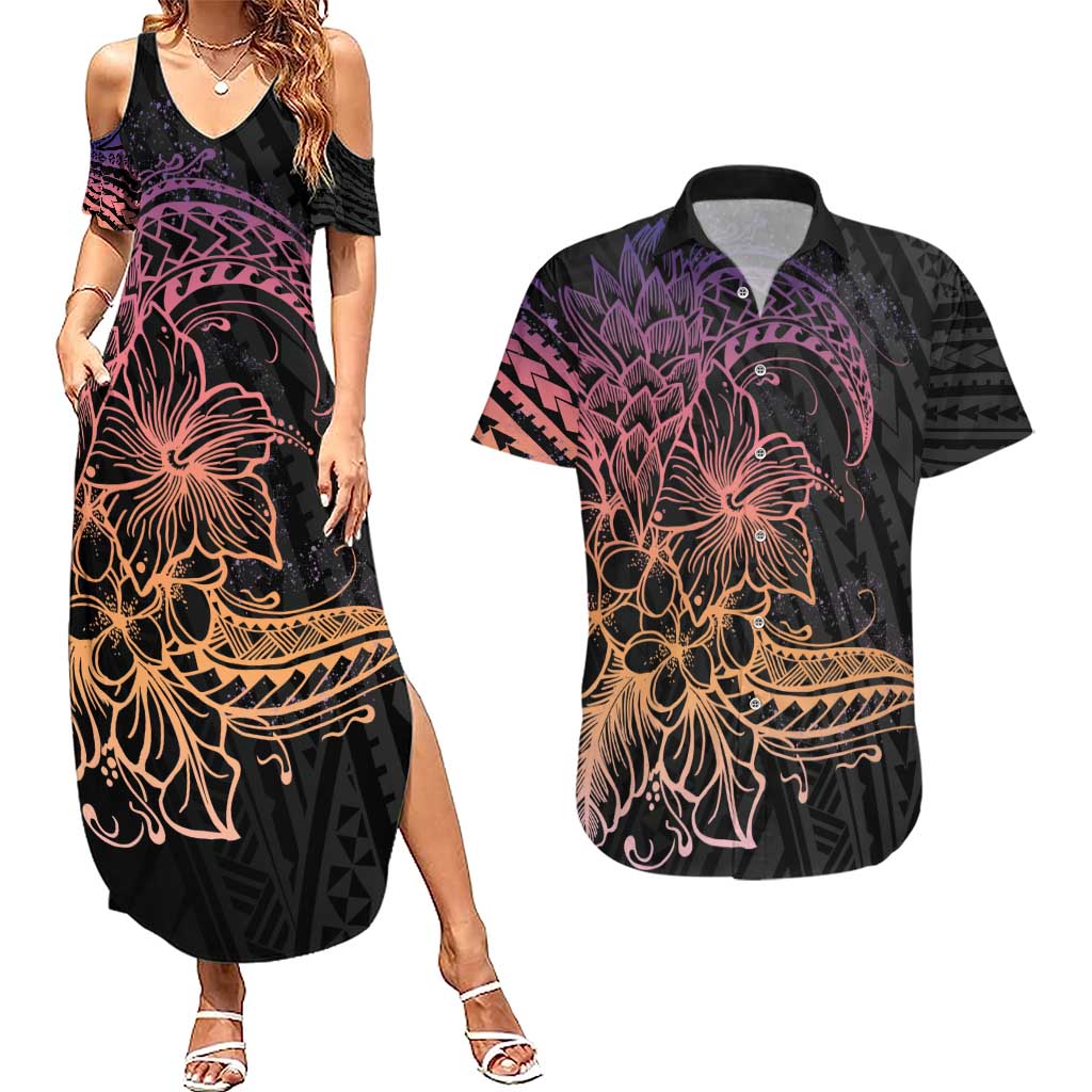 Floral Polynesian Hibiscus Tattoo Couples Matching Summer Maxi Dress and Hawaiian Shirt Peach Gradient Style