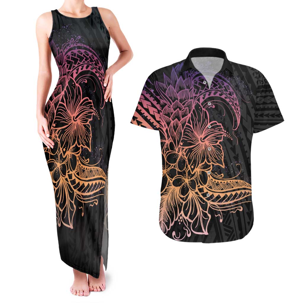 Floral Polynesian Hibiscus Tattoo Couples Matching Tank Maxi Dress and Hawaiian Shirt Peach Gradient Style
