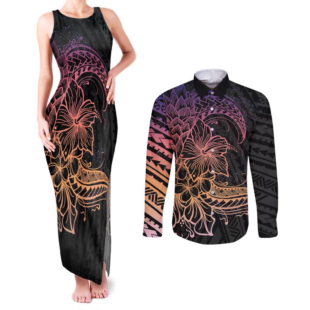 Floral Polynesian Hibiscus Tattoo Couples Matching Tank Maxi Dress and Long Sleeve Button Shirt Peach Gradient Style