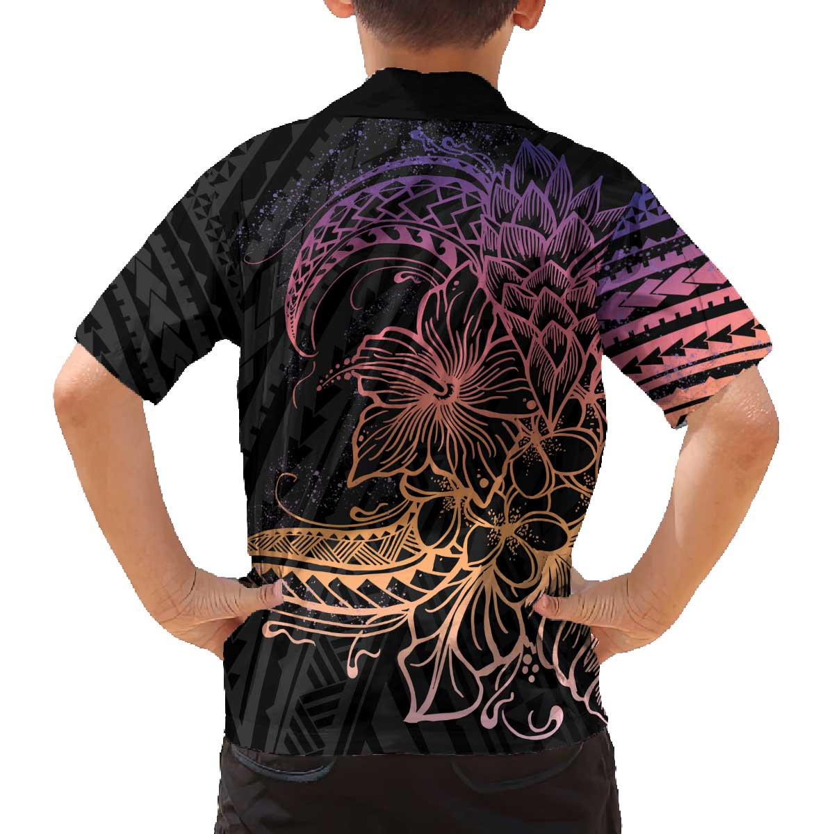 Floral Polynesian Hibiscus Tattoo Family Matching Off The Shoulder Long Sleeve Dress and Hawaiian Shirt Peach Gradient Style