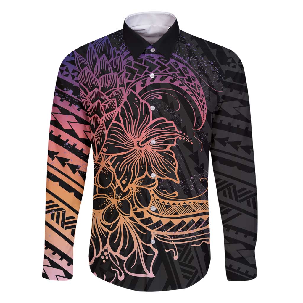 Floral Polynesian Hibiscus Tattoo Family Matching Off Shoulder Maxi Dress and Hawaiian Shirt Peach Gradient Style LT9 Dad's Shirt - Long Sleeve Peach - Polynesian Pride