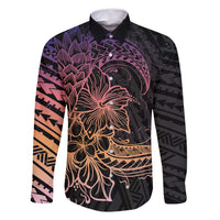 Floral Polynesian Hibiscus Tattoo Family Matching Off Shoulder Maxi Dress and Hawaiian Shirt Peach Gradient Style LT9 Dad's Shirt - Long Sleeve Peach - Polynesian Pride