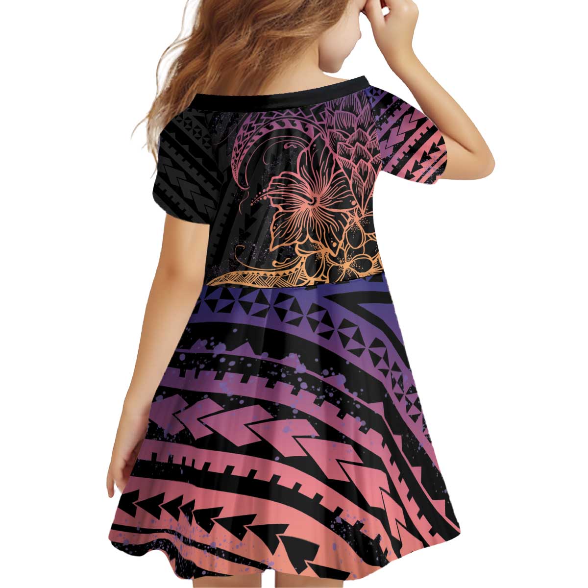 Floral Polynesian Hibiscus Tattoo Family Matching Off Shoulder Short Dress and Hawaiian Shirt Peach Gradient Style LT9 - Polynesian Pride