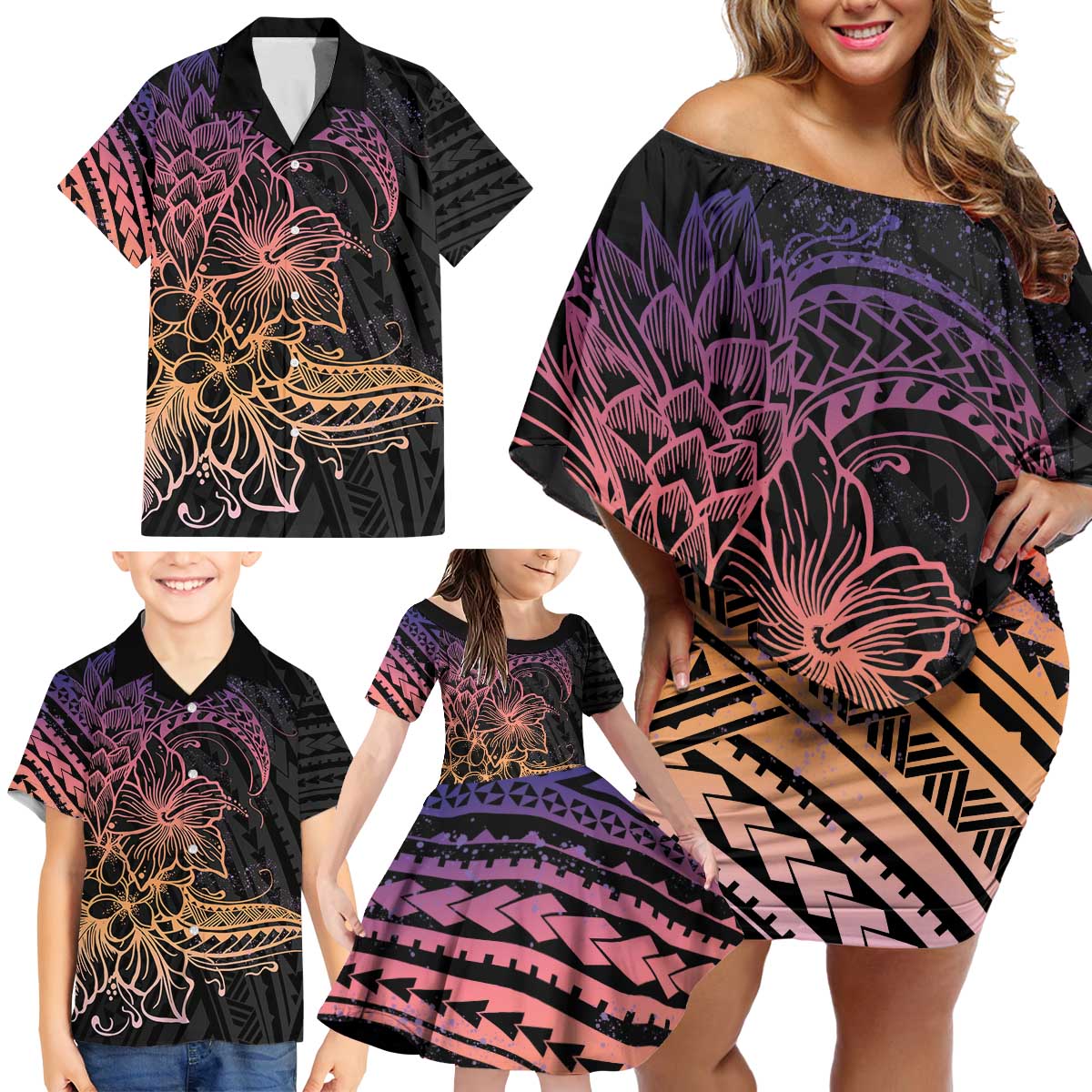 Floral Polynesian Hibiscus Tattoo Family Matching Off Shoulder Short Dress and Hawaiian Shirt Peach Gradient Style LT9 - Polynesian Pride