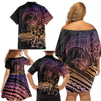 Floral Polynesian Hibiscus Tattoo Family Matching Off Shoulder Short Dress and Hawaiian Shirt Peach Gradient Style LT9 - Polynesian Pride