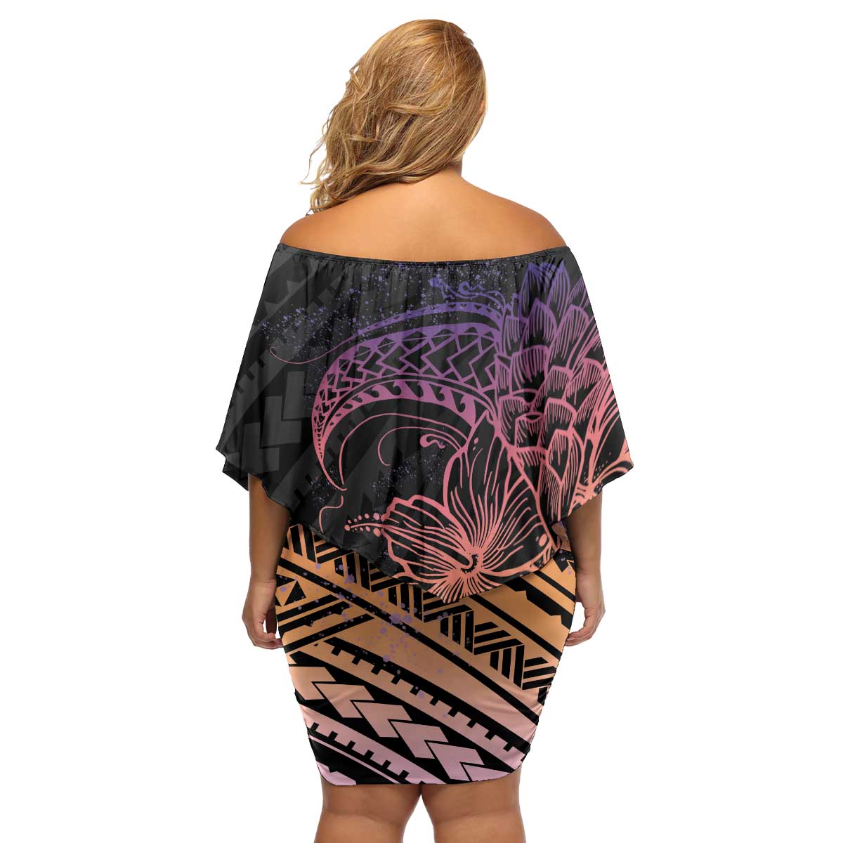 Floral Polynesian Hibiscus Tattoo Family Matching Off Shoulder Short Dress and Hawaiian Shirt Peach Gradient Style LT9 - Polynesian Pride