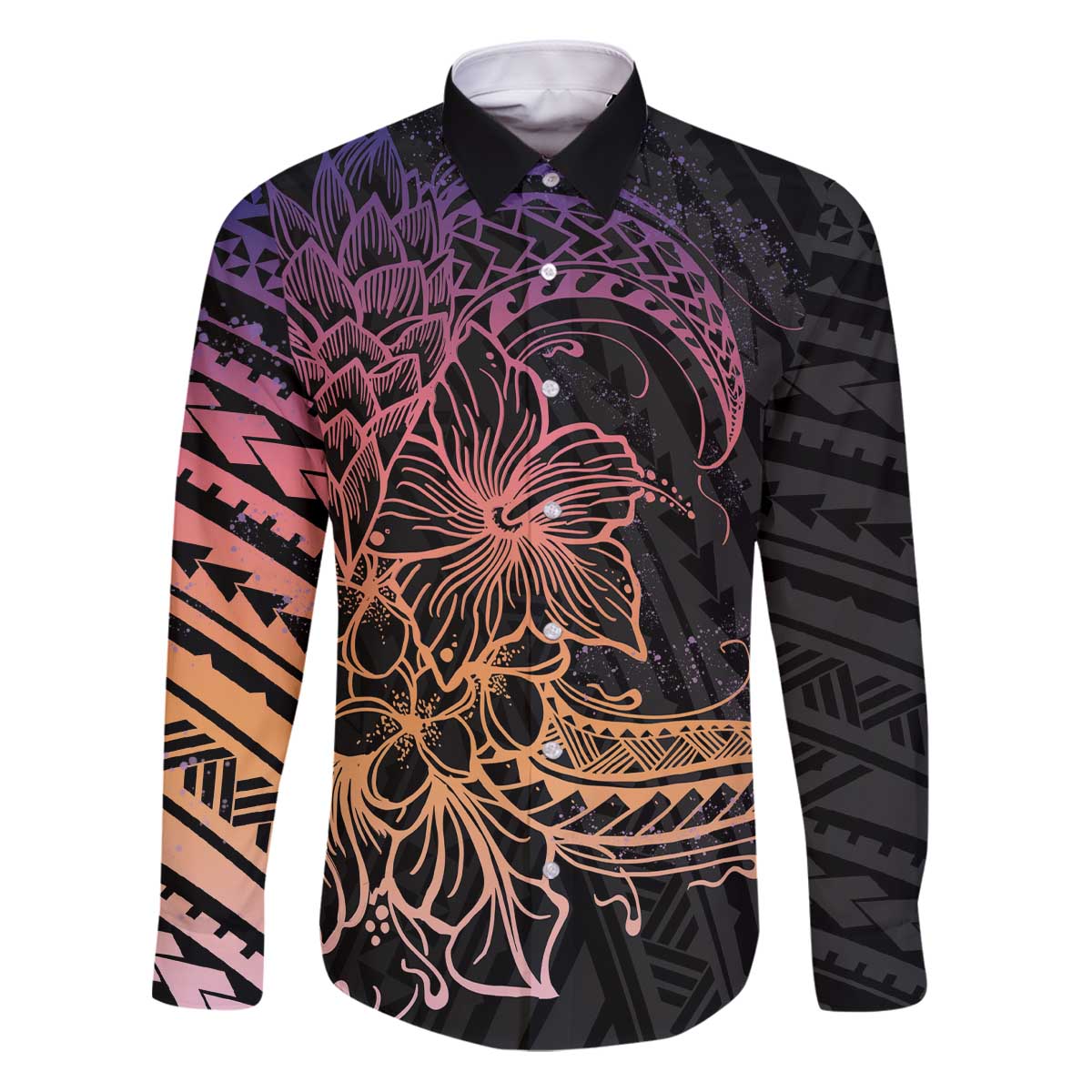 Floral Polynesian Hibiscus Tattoo Family Matching Puletasi and Hawaiian Shirt Peach Gradient Style LT9 Dad's Shirt - Long Sleeve Peach - Polynesian Pride
