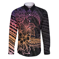 Floral Polynesian Hibiscus Tattoo Family Matching Puletasi and Hawaiian Shirt Peach Gradient Style LT9 Dad's Shirt - Long Sleeve Peach - Polynesian Pride