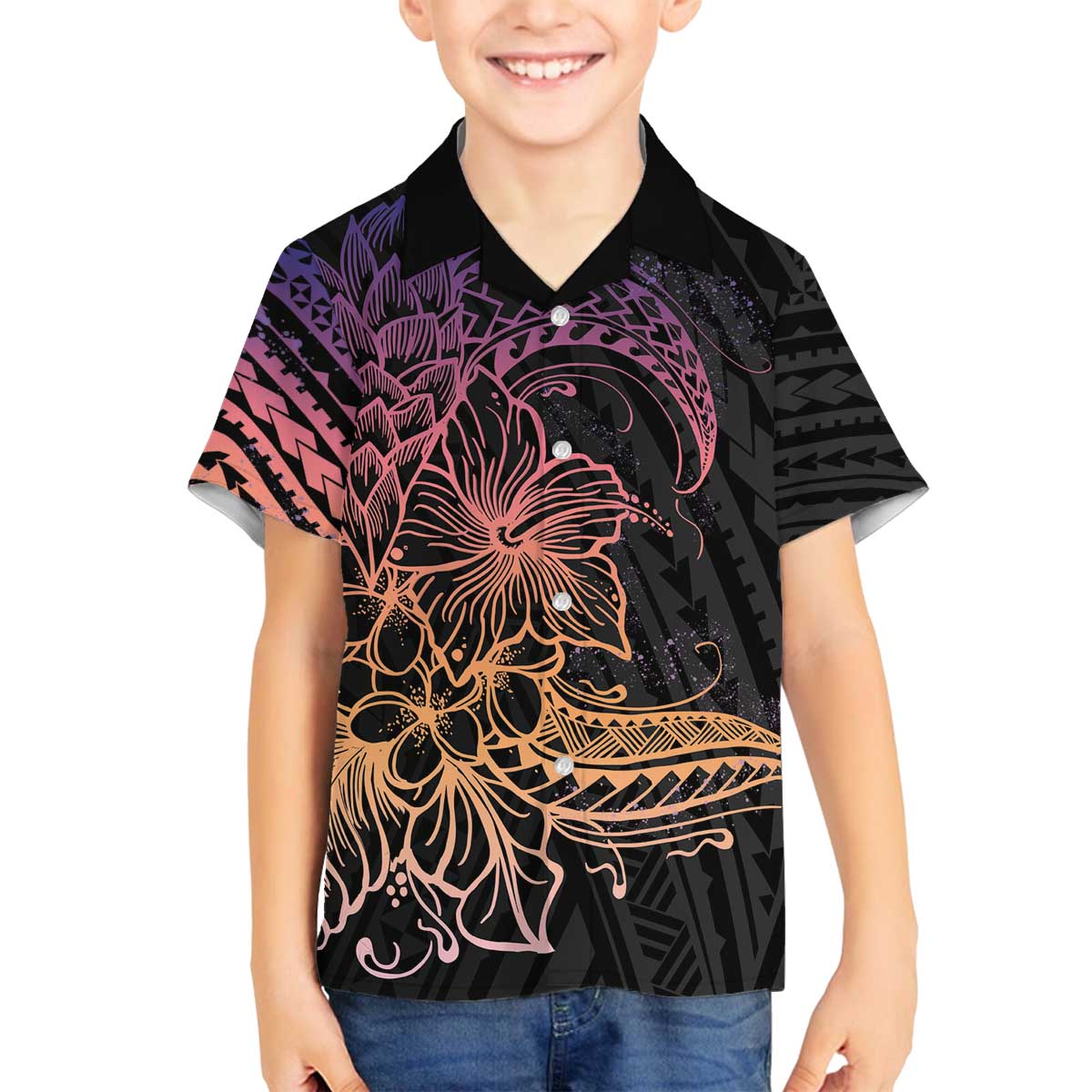 Floral Polynesian Hibiscus Tattoo Family Matching Puletasi and Hawaiian Shirt Peach Gradient Style LT9 Son's Shirt Peach - Polynesian Pride