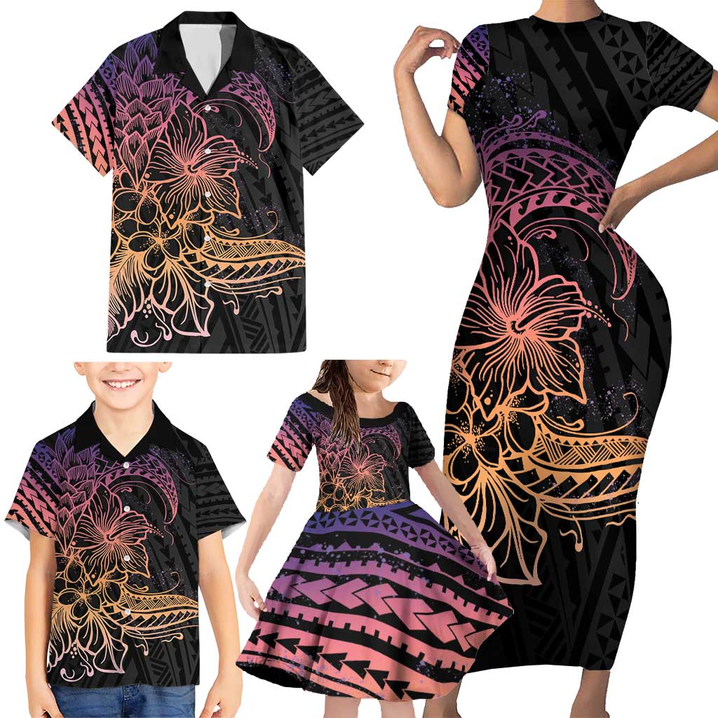 Floral Polynesian Hibiscus Tattoo Family Matching Short Sleeve Bodycon Dress and Hawaiian Shirt Peach Gradient Style LT9 - Polynesian Pride