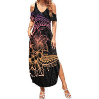 Floral Polynesian Hibiscus Tattoo Family Matching Summer Maxi Dress and Hawaiian Shirt Peach Gradient Style LT9 Mom's Dress Peach - Polynesian Pride