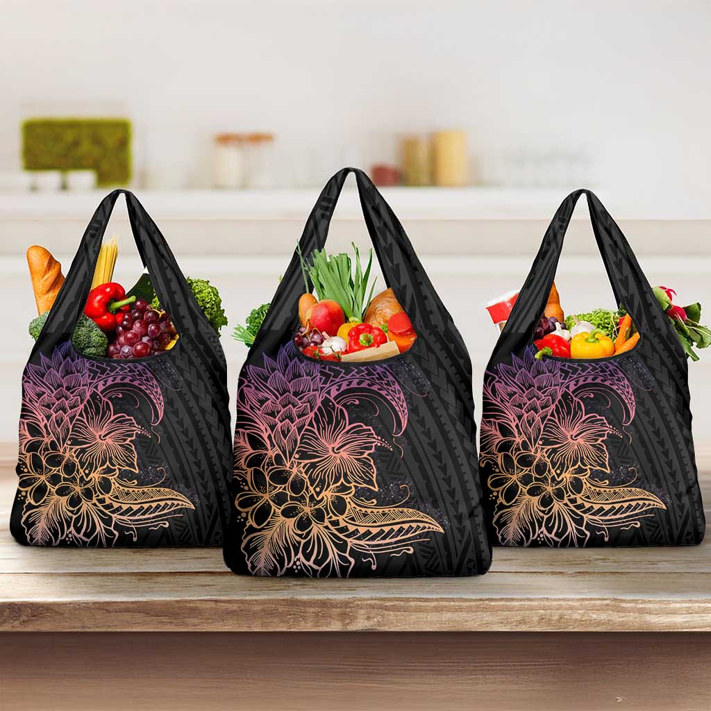 Floral Polynesian Hibiscus Tattoo Grocery Bag Peach Gradient Style