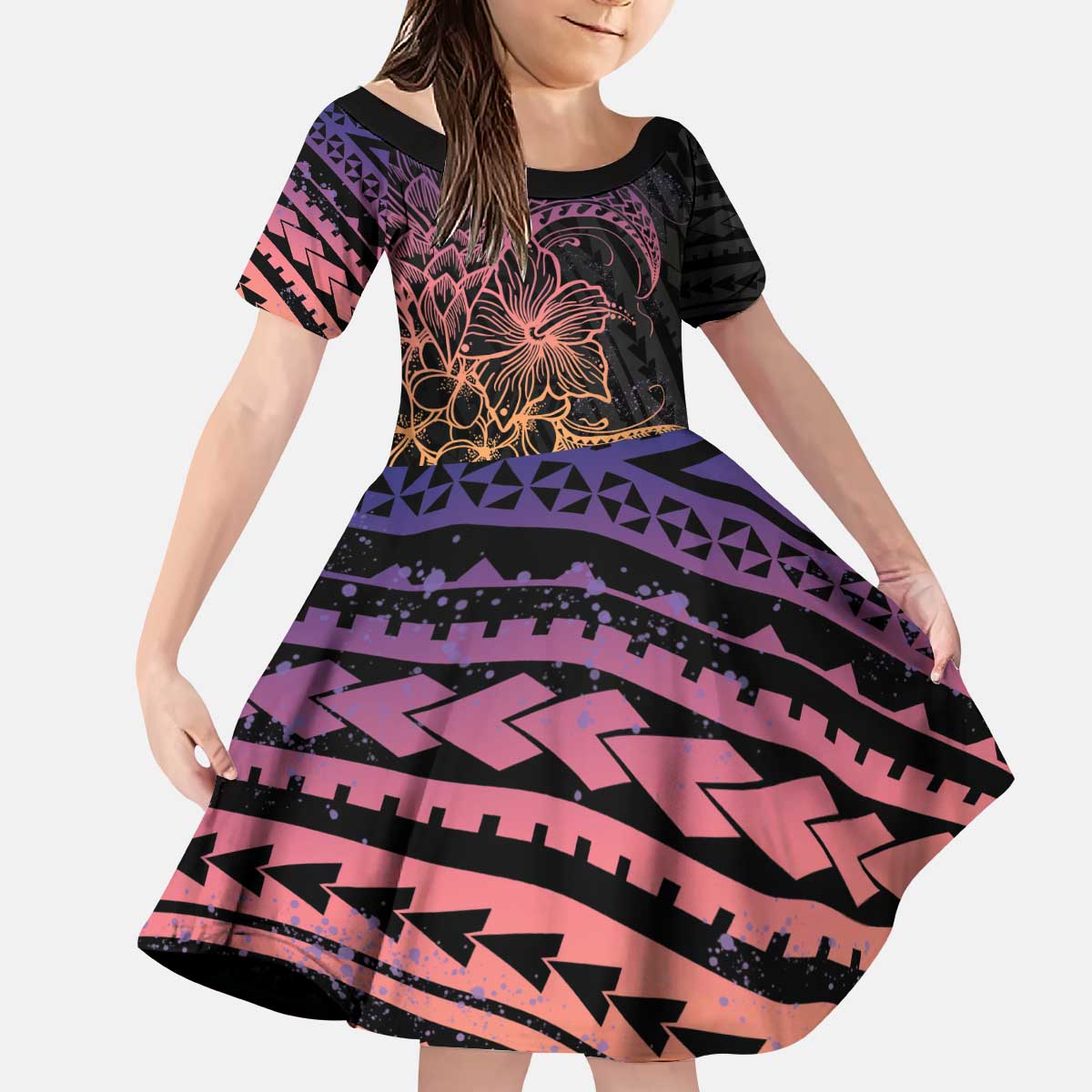 Floral Polynesian Hibiscus Tattoo Kid Short Sleeve Dress Peach Gradient Style