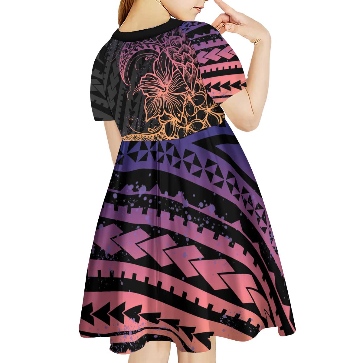 Floral Polynesian Hibiscus Tattoo Kid Short Sleeve Dress Peach Gradient Style LT9 - Polynesian Pride