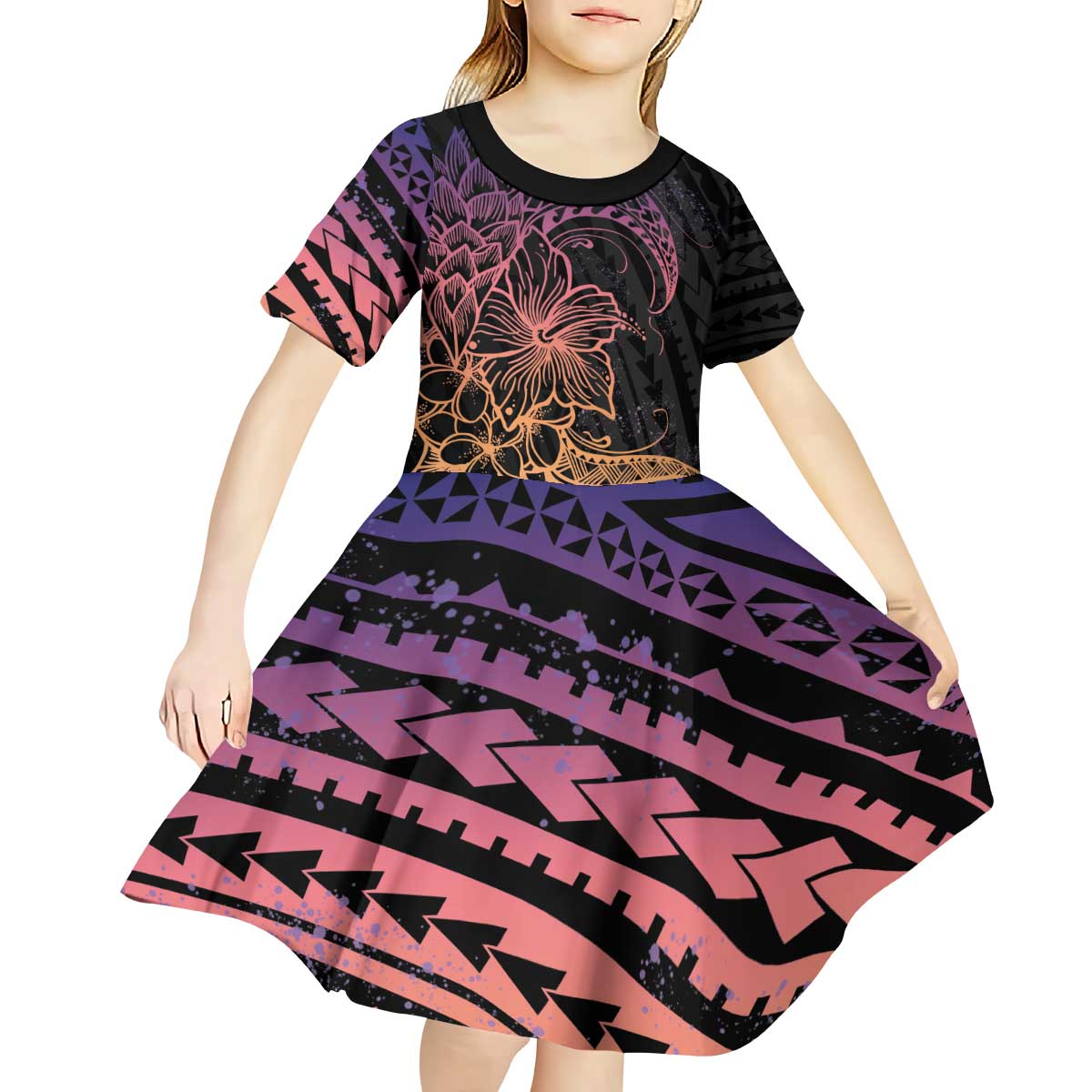 Floral Polynesian Hibiscus Tattoo Kid Short Sleeve Dress Peach Gradient Style LT9 - Polynesian Pride