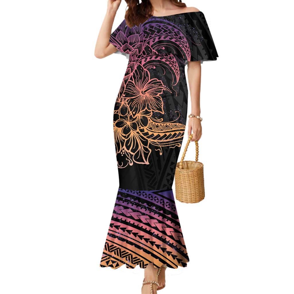 Floral Polynesian Hibiscus Tattoo Mermaid Dress Peach Gradient Style