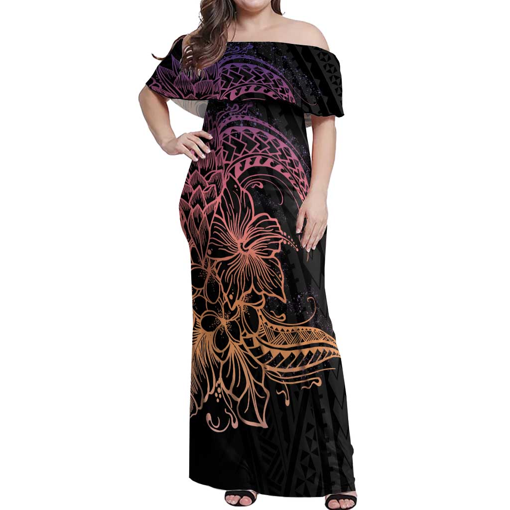 Floral Polynesian Hibiscus Tattoo Off Shoulder Maxi Dress Peach Gradient Style
