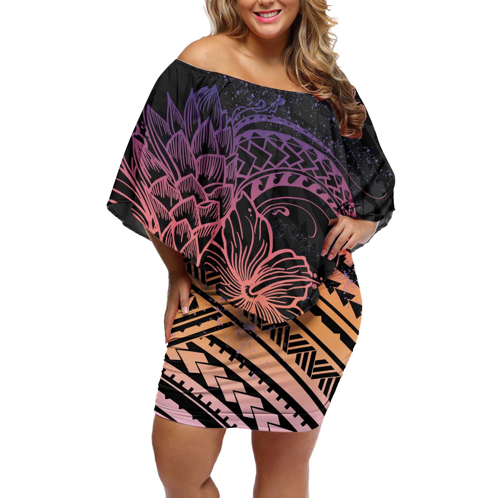 Floral Polynesian Hibiscus Tattoo Off Shoulder Short Dress Peach Gradient Style