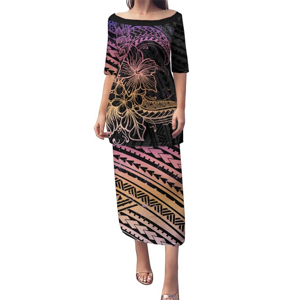 Floral Polynesian Hibiscus Tattoo Puletasi Peach Gradient Style