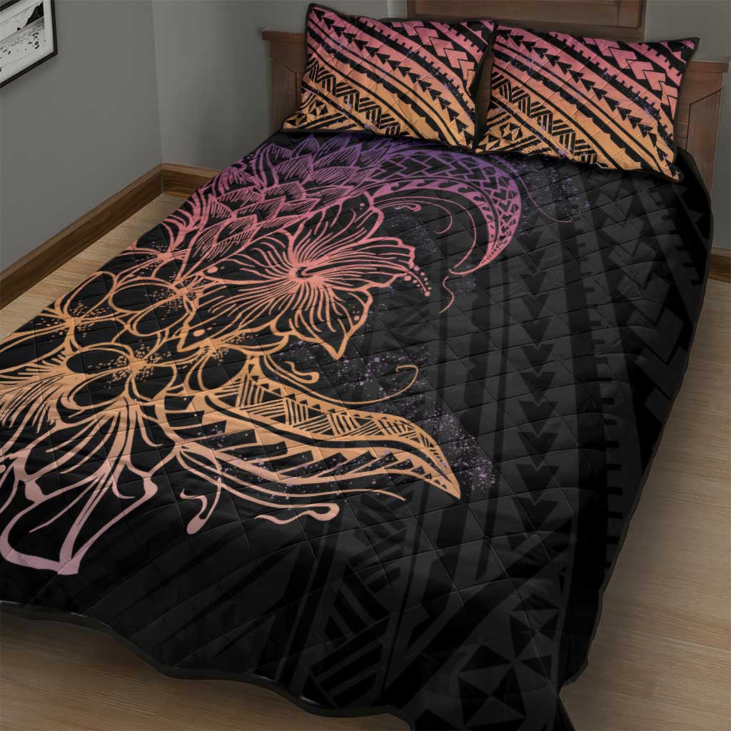 Floral Polynesian Hibiscus Tattoo Quilt Bed Set Peach Gradient Style