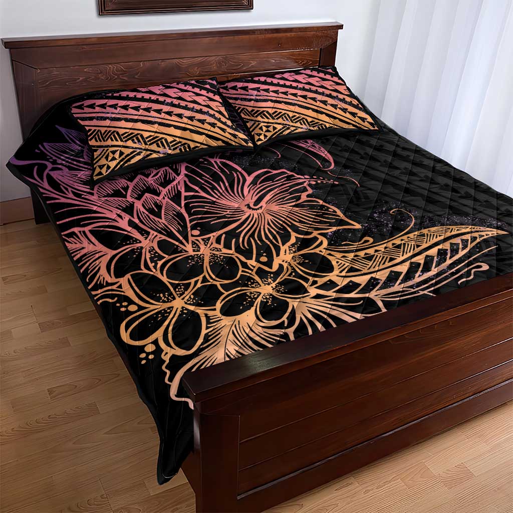 Floral Polynesian Hibiscus Tattoo Quilt Bed Set Peach Gradient Style