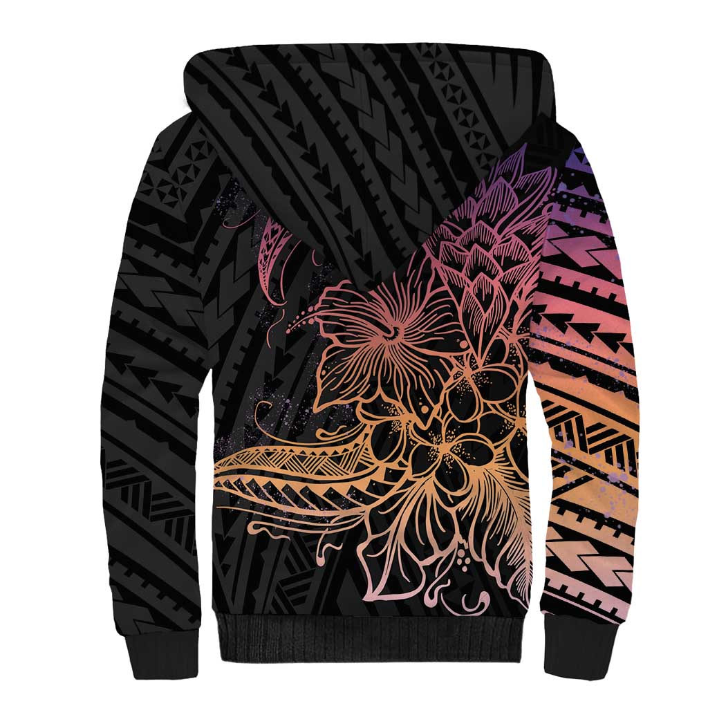 Floral Polynesian Hibiscus Tattoo Sherpa Hoodie Peach Gradient Style