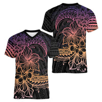 Floral Polynesian Hibiscus Tattoo Women V-Neck T-Shirt Peach Gradient Style