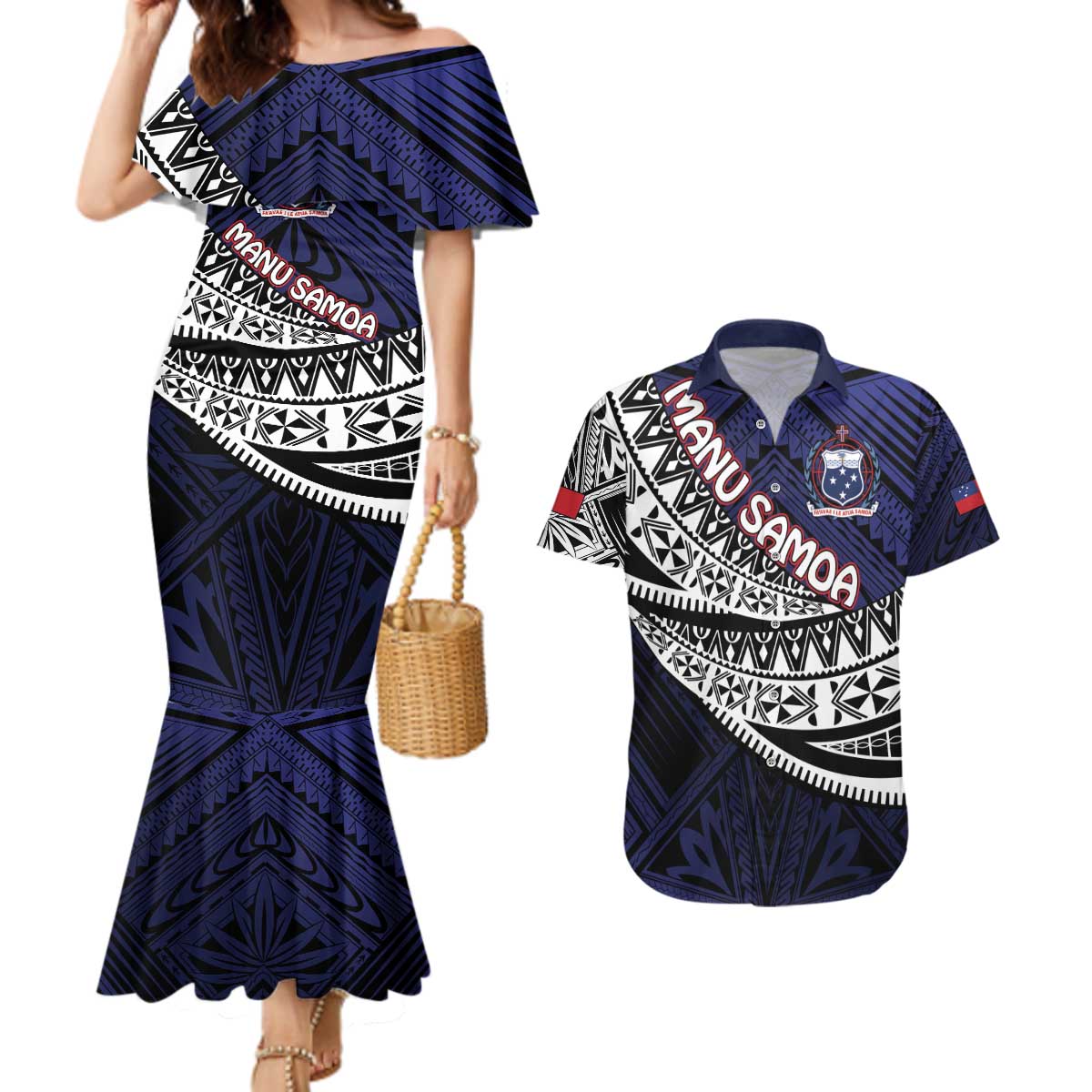 Custom Samoa Rugby Pacific Couples Matching Mermaid Dress and Hawaiian Shirt Samoan Warrior Tribal Pattern