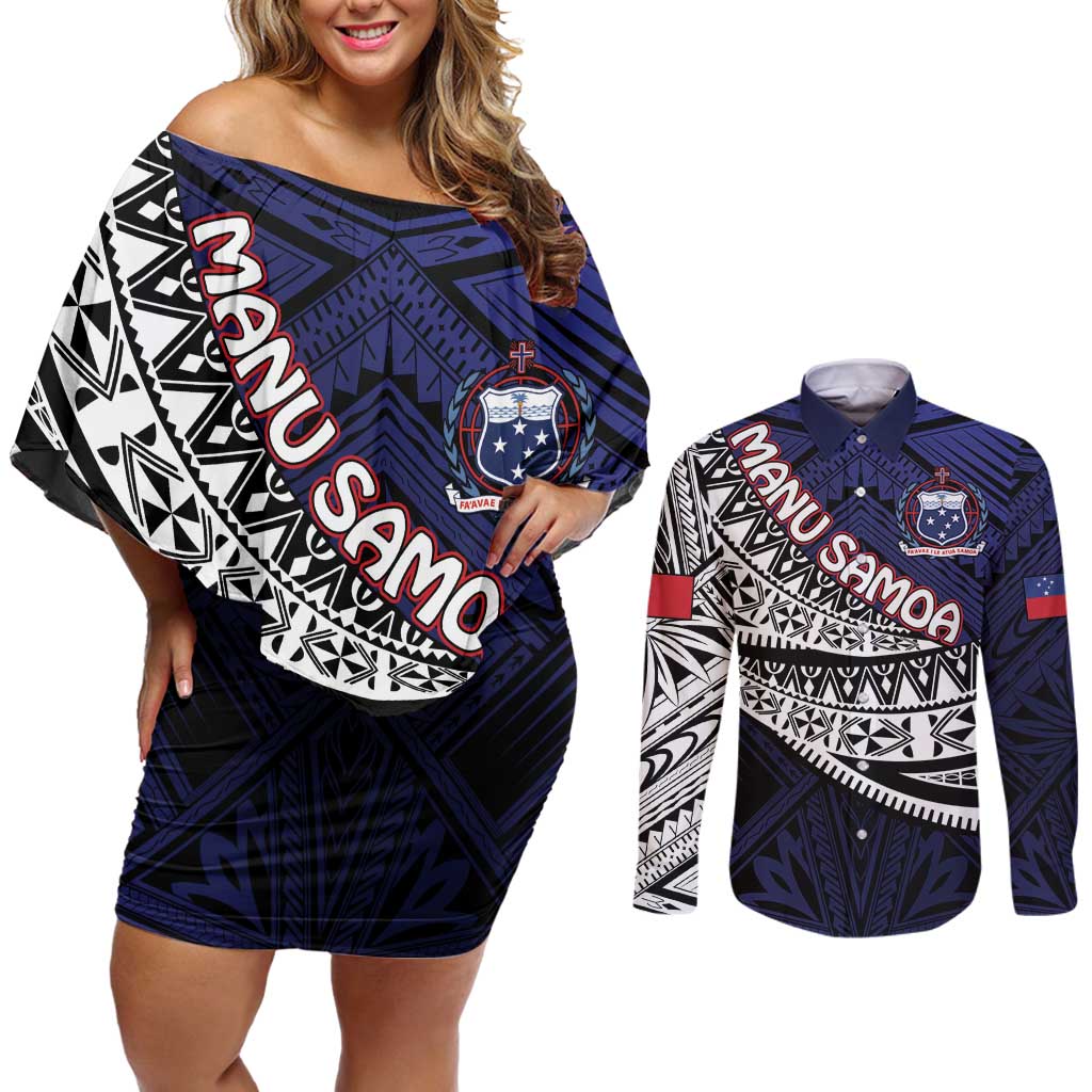 Custom Samoa Rugby Pacific Couples Matching Off Shoulder Short Dress and Long Sleeve Button Shirt Samoan Warrior Tribal Pattern