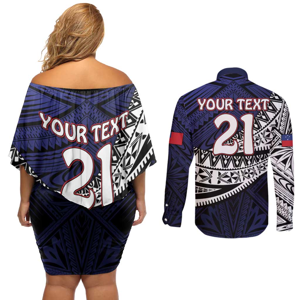 Custom Samoa Rugby Pacific Couples Matching Off Shoulder Short Dress and Long Sleeve Button Shirt Samoan Warrior Tribal Pattern