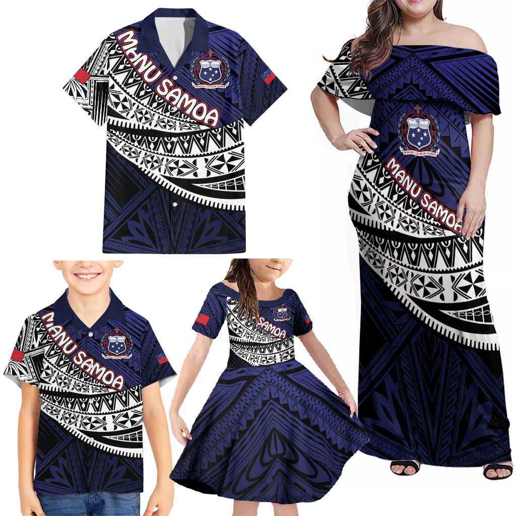 Custom Samoa Rugby Pacific Family Matching Off Shoulder Maxi Dress and Hawaiian Shirt Samoan Warrior Tribal Pattern