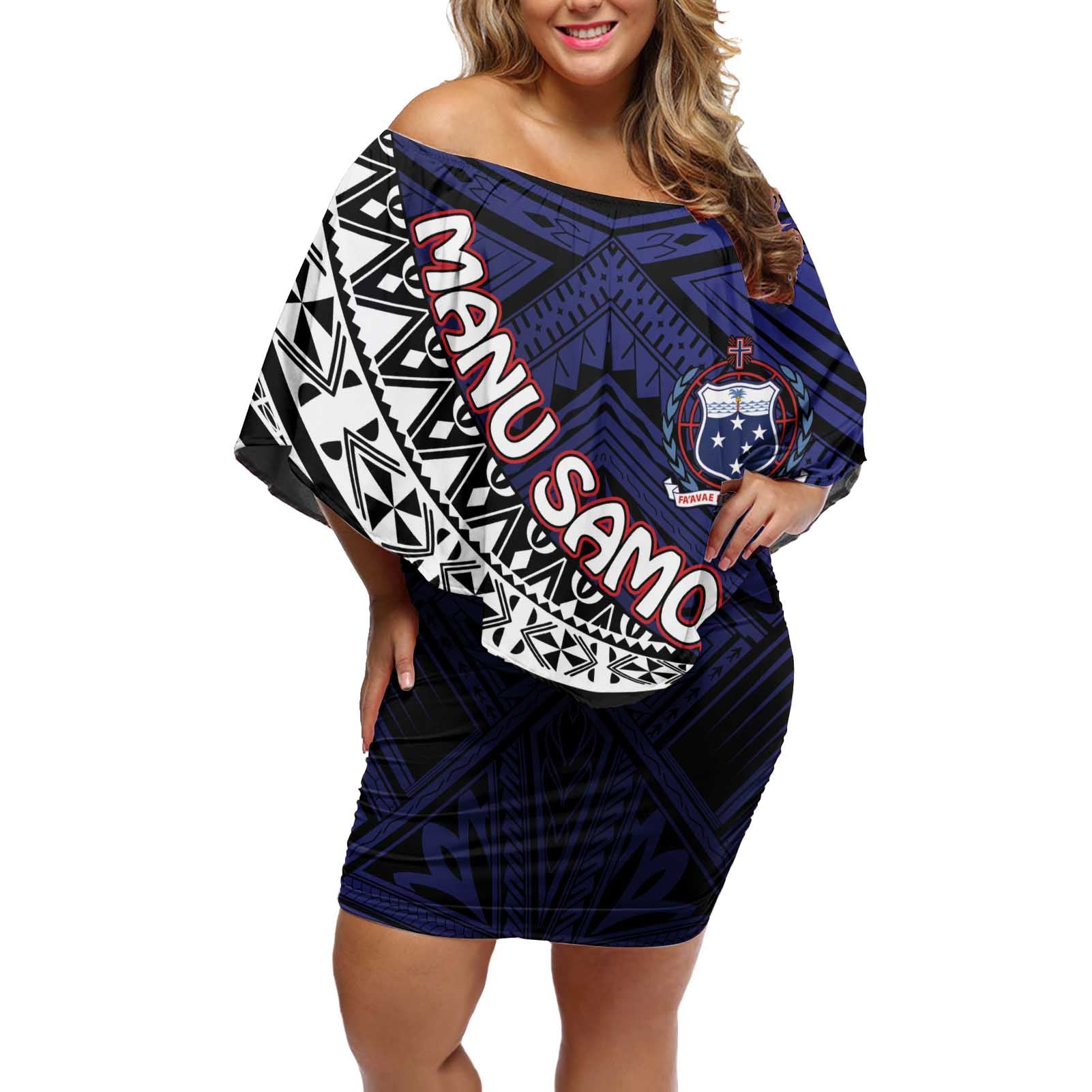 Custom Samoa Rugby Pacific Off Shoulder Short Dress Samoan Warrior Tribal Pattern