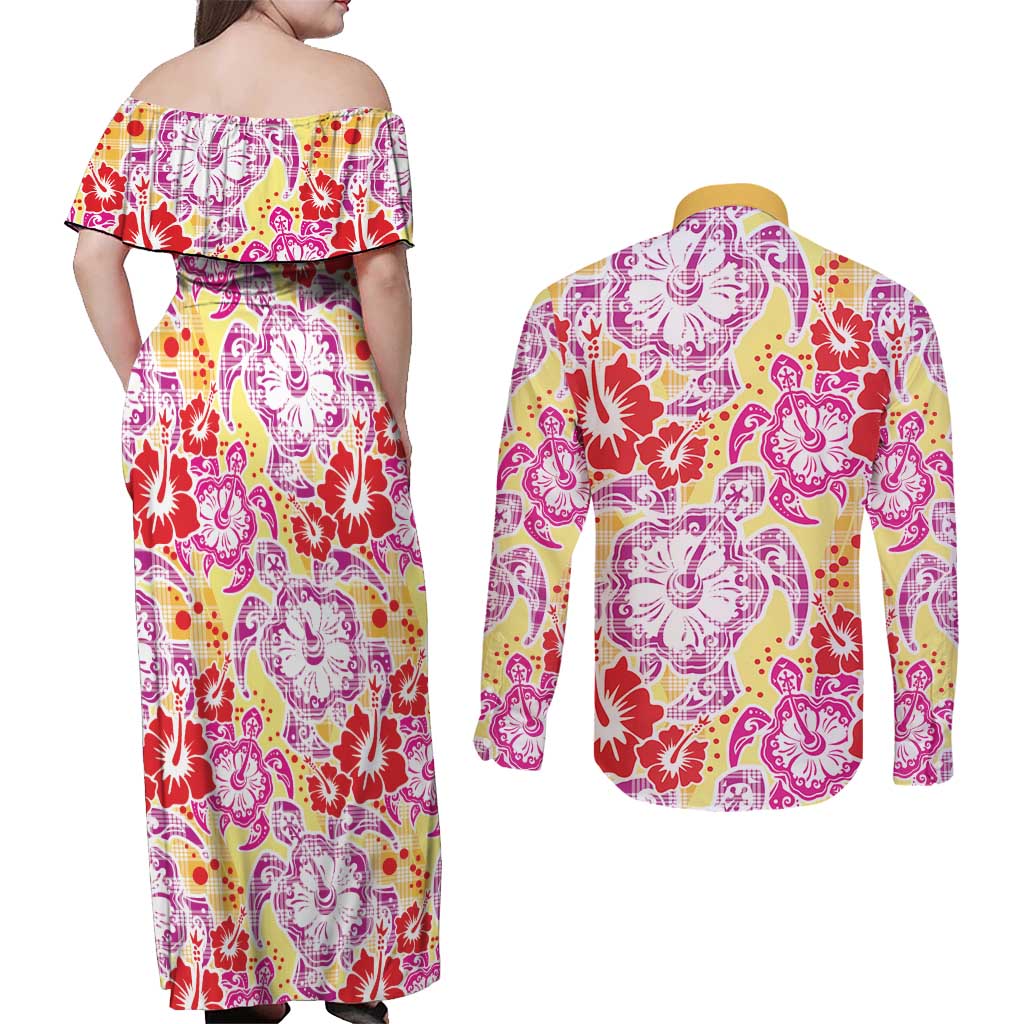 Palaka with Honu and Hibiscus Couples Matching Off Shoulder Maxi Dress and Long Sleeve Button Shirt Hawaiian Heritage Spirit LT9 - Polynesian Pride