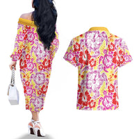 Palaka with Honu and Hibiscus Couples Matching Off The Shoulder Long Sleeve Dress and Hawaiian Shirt Hawaiian Heritage Spirit LT9 - Polynesian Pride