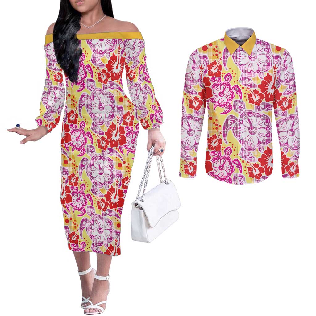 Palaka with Honu and Hibiscus Couples Matching Off The Shoulder Long Sleeve Dress and Long Sleeve Button Shirt Hawaiian Heritage Spirit - Polynesian Pride