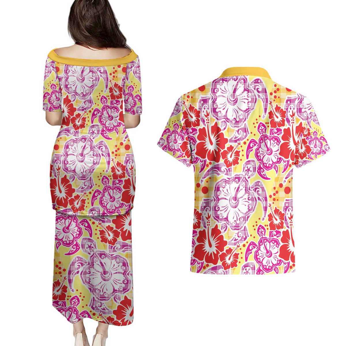 Palaka with Honu and Hibiscus Couples Matching Puletasi and Hawaiian Shirt Hawaiian Heritage Spirit LT9 - Polynesian Pride