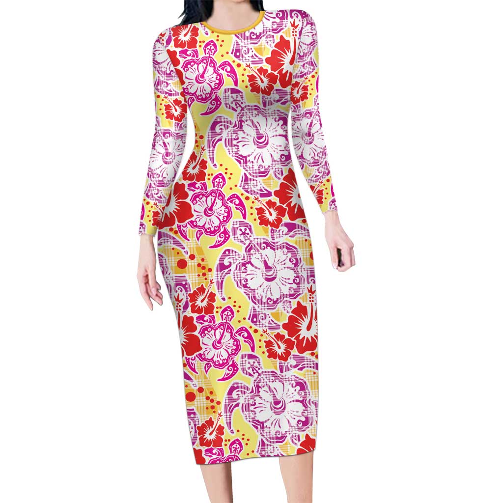 Palaka with Honu and Hibiscus Family Matching Long Sleeve Bodycon Dress and Hawaiian Shirt Hawaiian Heritage Spirit LT9 Mom's Dress Red - Polynesian Pride