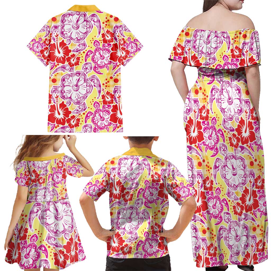 Palaka with Honu and Hibiscus Family Matching Off Shoulder Maxi Dress and Hawaiian Shirt Hawaiian Heritage Spirit - Polynesian Pride