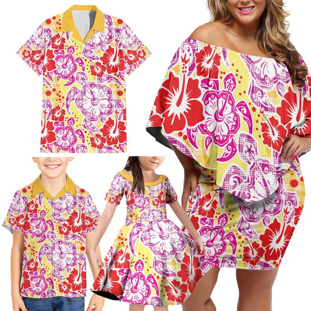 Palaka with Honu and Hibiscus Family Matching Off Shoulder Short Dress and Hawaiian Shirt Hawaiian Heritage Spirit - Polynesian Pride