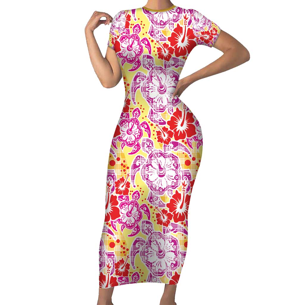 Palaka with Honu and Hibiscus Family Matching Short Sleeve Bodycon Dress and Hawaiian Shirt Hawaiian Heritage Spirit LT9 Mom's Dress Red - Polynesian Pride