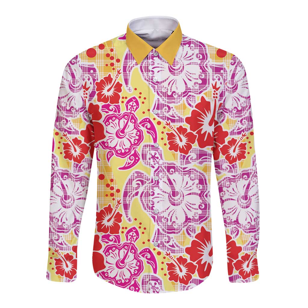 Palaka with Honu and Hibiscus Long Sleeve Button Shirt Hawaiian Heritage Spirit LT9 Unisex Red - Polynesian Pride