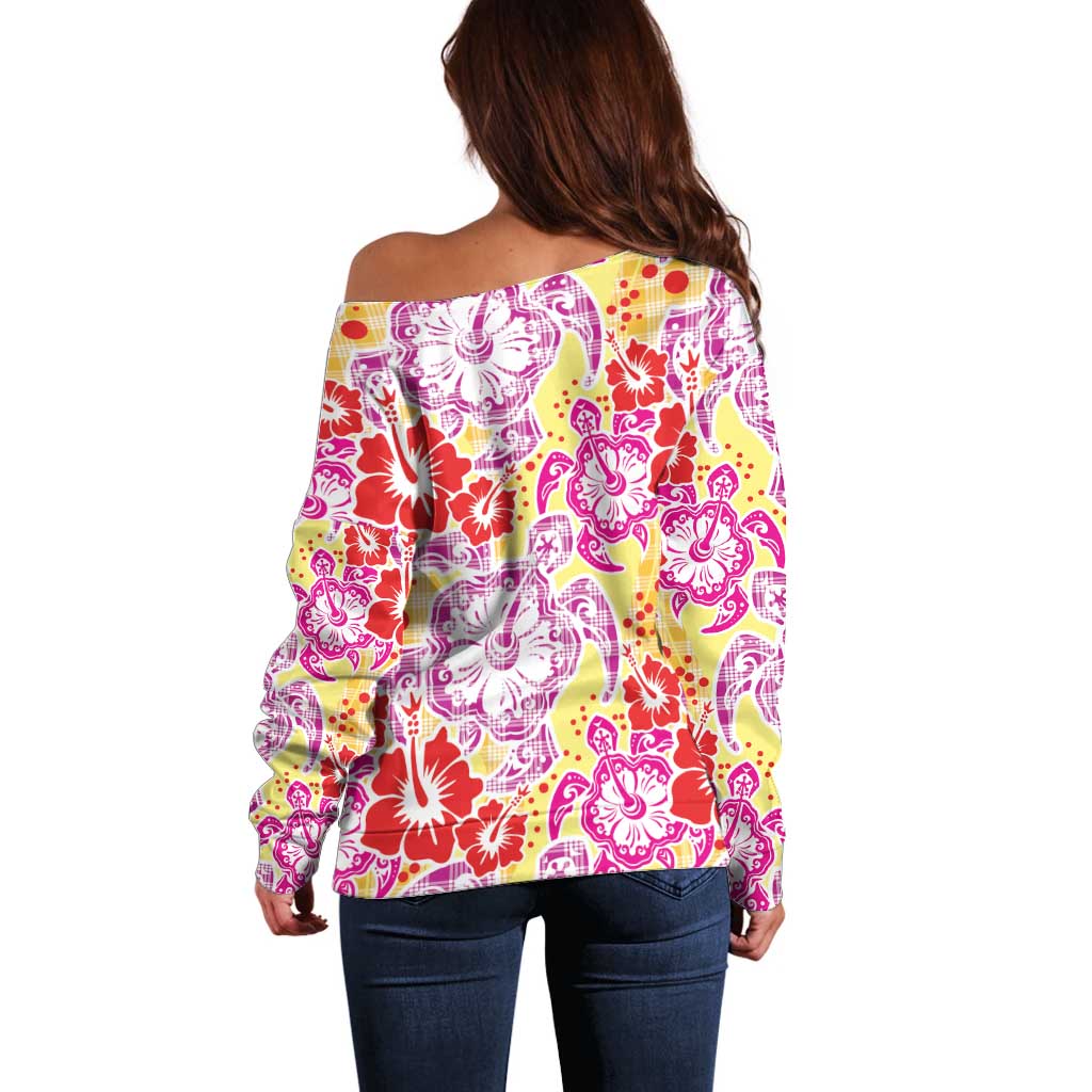 Palaka with Honu and Hibiscus Off Shoulder Sweater Hawaiian Heritage Spirit - Polynesian Pride