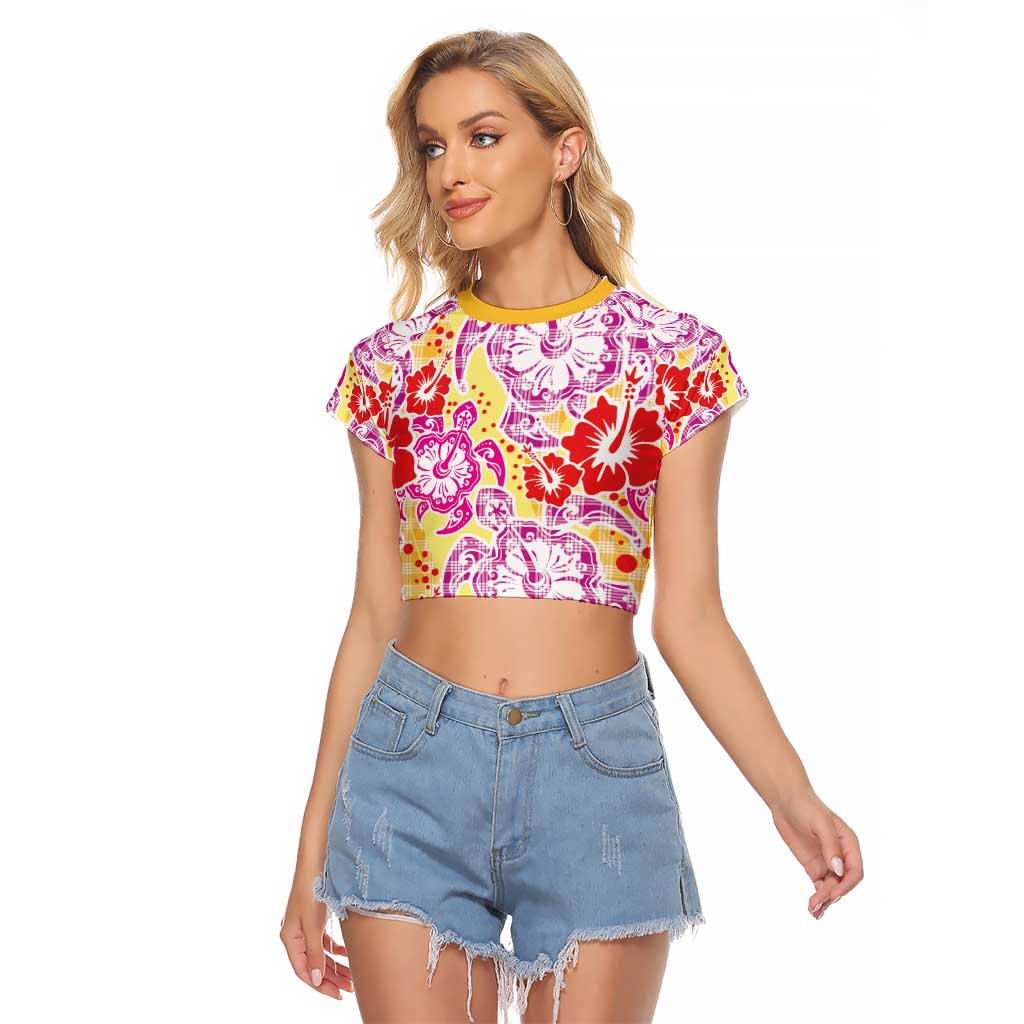 Palaka with Honu and Hibiscus Raglan Cropped T Shirt Hawaiian Heritage Spirit - Polynesian Pride