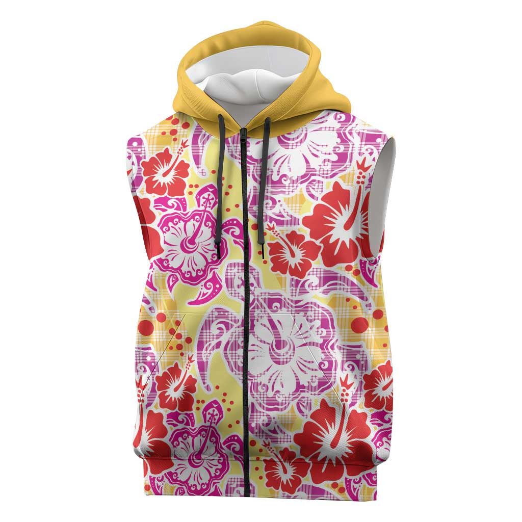 Palaka with Honu and Hibiscus Sleeveless Zip Hoodie Hawaiian Heritage Spirit LT9 Red - Polynesian Pride
