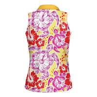 Palaka with Honu and Hibiscus Women Sleeveless Polo Shirt Hawaiian Heritage Spirit - Polynesian Pride