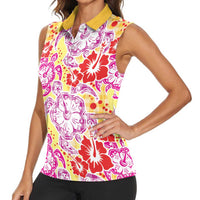 Palaka with Honu and Hibiscus Women Sleeveless Polo Shirt Hawaiian Heritage Spirit - Polynesian Pride