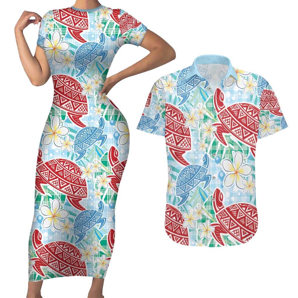 Palaka with Honu and Plumeria Couples Matching Short Sleeve Bodycon Dress and Hawaiian Shirt Hawaiian Heritage Spirit - Polynesian Pride